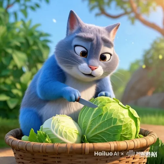 猫笑着边切白菜，边说话 by Hailuo AI Video Generator