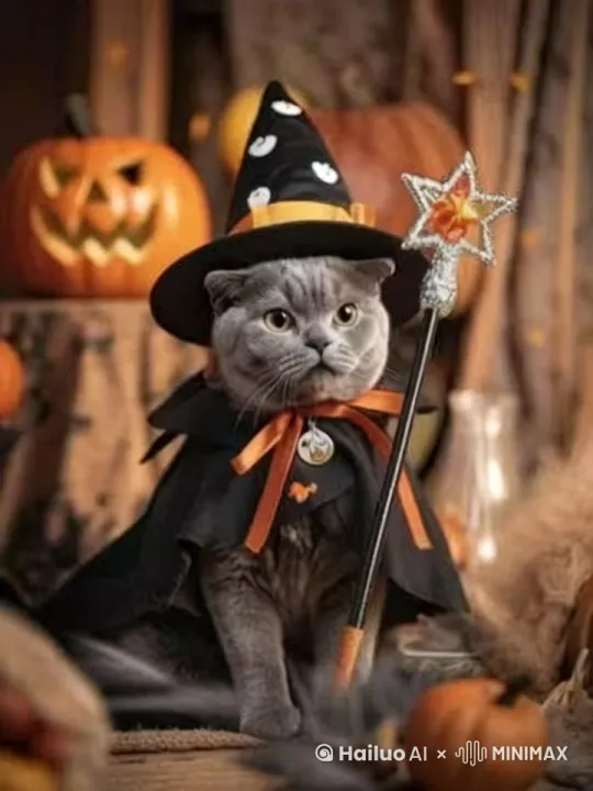 神秘的感觉，魔法棒的光在燃烧，猫的头微微晃动 by Hailuo AI Video Generator