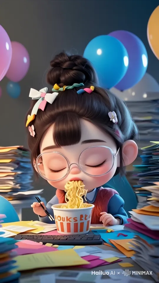 女孩保持闭着眼睛，边打瞌睡边吃泡面。 by Hailuo AI Video Generator