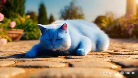 一只蓝色的胖猫在地上爬突然被一个钢制实心球砸了一下 by Hailuo AI Video Generator