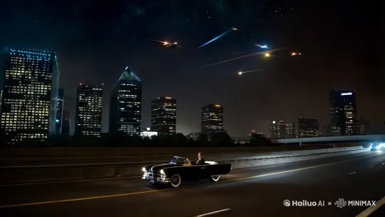 夜晚的星空下，我正行驶在高速上，两边的高楼大厦，灯火阑珊，黑暗的星空下还有很多飞机在与我同行 by Hailuo AI Video Generator