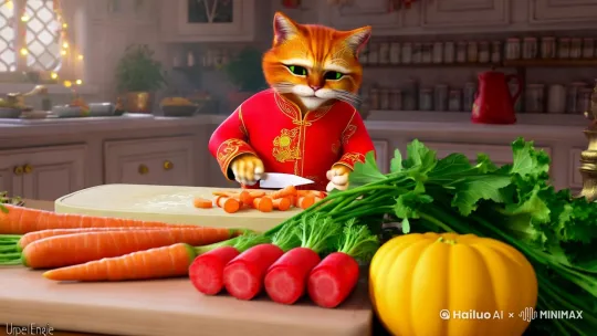 准备食材：人化的橘猫穿着红色唐装，开心地站在厨房的菜板前。它面前摆放着新鲜的蔬菜，如翠绿的青菜、鲜红的胡萝卜和嫩黄的南瓜。橘猫拿起一根胡萝卜，用熟练的手法将其洗净、削皮，然后放在菜板上准备切块。厨房的灯光柔和而温暖，照亮了橘猫专注的神情。超现实摄影风格、奇幻艺术美学，电影级灯光，具有中式奇异美感，精致线条，采用虚幻引擎渲染，背景为充满节日氛围的厨房，8k分辨率，真实光影效果。
 by Hailuo AI Video Generator