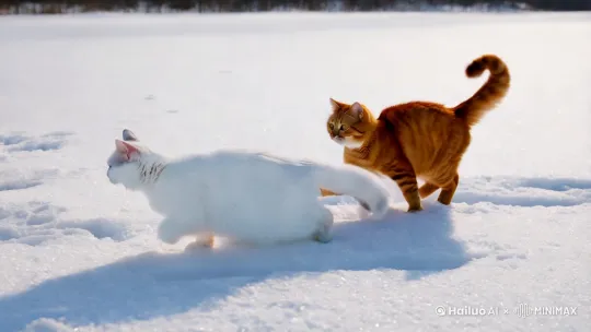 白猫和橘猫在雪地嬉戏玩耍，主人在旁边堆雪人 by Hailuo AI Video Generator