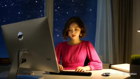 这位美少女穿着粉色的连衣裙，在深夜里还在幽暗的办公室里，坐在电脑桌旁，操作着电脑办公，窗外远处是一片星空。 by Hailuo AI Video Generator
