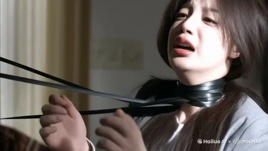 图片中的女孩被两根细长且光滑的黑色丝带勒紧脖子，一根勒紧她脖子的上部分部分往右拉扯，另一根勒紧她脖子的下部分并往左拉扯。她窒息挣扎 by Hailuo AI Video Generator