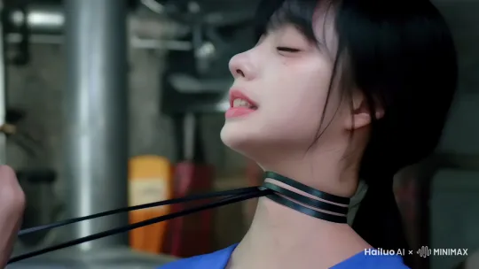 图片中的女孩被两根细长且光滑的黑色丝带勒紧脖子，一根勒紧她脖子的上部分部分往右拉扯，另一根勒紧她脖子的下部分并往左拉扯。她窒息挣扎 by Hailuo AI Video Generator