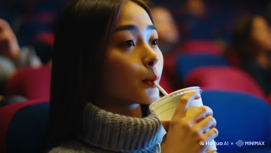 女孩在影院的座位上，喝了一口饮料 by Hailuo AI Video Generator