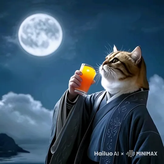 夜幕降临，一轮皎洁的满月悬挂于漆黑的天际。一只穿着精致唐装的猫咪，优雅地走向明月，缓缓举起酒杯，向那遥远的明月致意，仿佛在邀请月宫里的嫦娥共饮佳酿。整个画面笼罩在一片宁静祥和的氛围中，仿佛能听到远处的潺潺流水声。远景，营造出一种超凡脱俗的意境。 by Hailuo AI Video Generator