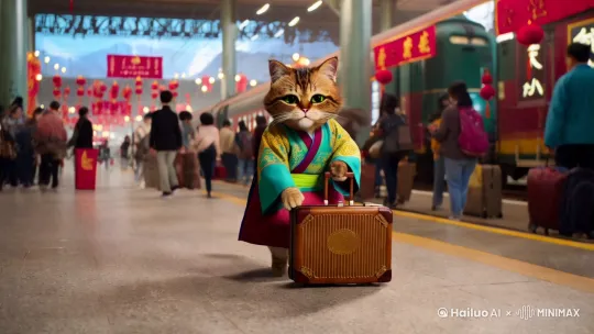 春运，一只拟人化的猫穿着新中式汉服，拖着行李箱，在车站，等车回家过年 by Hailuo AI Video Generator