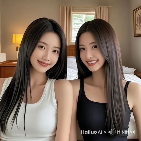 双胞胎姐妹转身面对面拥抱在一起亲亲 by Hailuo AI Video Generator