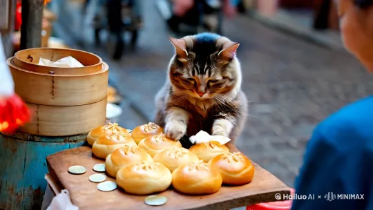 勤劳猫咪靠卖包子养活自己 by Hailuo AI Video Generator