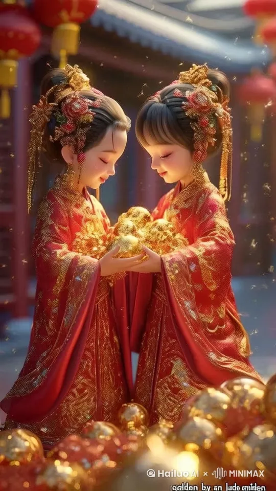 湖面保持真实度，两个女孩缓慢转身，面向前方，送出手中的珠宝，面带微笑。 by Hailuo AI Video Generator
