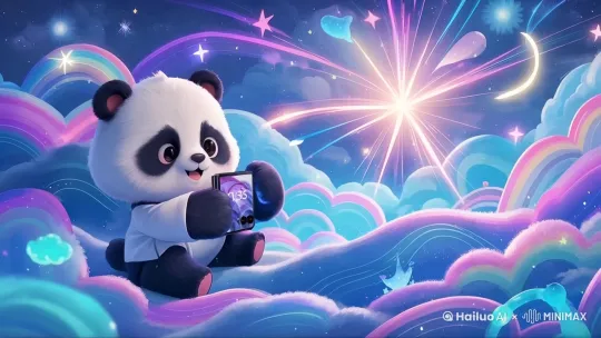 熊猫微笑着向你晃动手里的手机，镜头缓缓推近，背景里的云彩和光线都在流动河，整个色彩绚丽 by Hailuo AI Video Generator