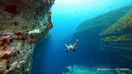 镜头缓缓沿海底峡谷平移，两侧高耸的岩壁巍峨壮观，古老的岩石上布满了岁月的痕迹，贝类化石镶嵌其间，诉说着亿万年的故事。一条雄壮的鲨鱼在峡谷间自由穿梭，它的背鳍锋利如刀，轻松划破清澈的海水，每一次有力的摆动都在海水中激起微小的漩涡。周围，色彩斑斓的海葵在岩壁上绚烂绽放，与鲨鱼冷峻的外表形成鲜明对比，共同勾勒出一幅深邃而神秘的海底世界画卷，让人不禁为大自然的鬼斧神工和深海的磅礴力量所折服。 by Hailuo AI Video Generator