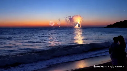 夏日的海边有波浪勇气夕阳色的天空里有了星星的痕迹远处的焰火很美丽 by Hailuo AI Video Generator