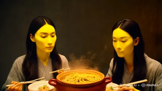 两个黄色皮肤的人，正在吃砂锅米线，然后，一个人飞了起来，另一个人原地爆炸，最后，出现一个“王二锅砂锅”的标志 by Hailuo AI Video Generator