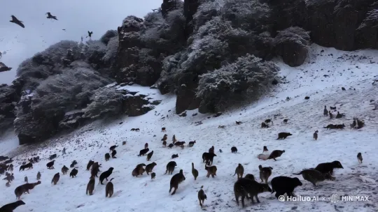 雪灾，大雪纷飞，高山，自然灾害，大师运镜，高细节，符合逻辑 動物四處跑 鳥四處飛 by Hailuo AI Video Generator