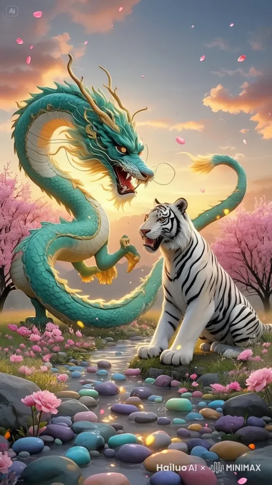花飘落，龙和虎激烈紧张，武术高手般的打斗场面，打出幻影。 by Hailuo AI Video Generator