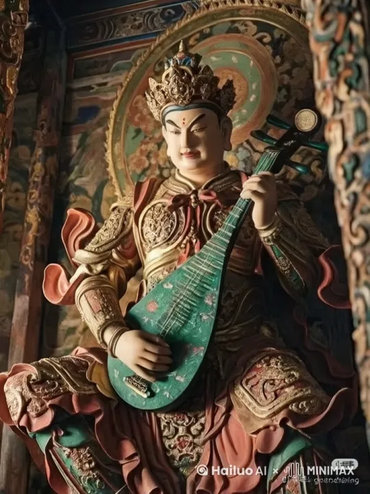 持国天王弹琵琶，表情丰富，肢体语言丰富。 by Hailuo AI Video Generator