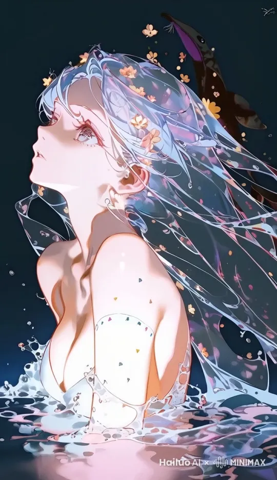 少女的液体头发在空中流动，液体头发上的小花随着水流而慢慢流动，少女眨眼睛忧郁的面庞，画面治愈 by Hailuo AI Video Generator
