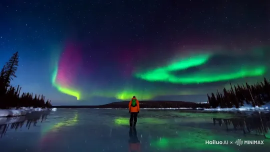 在夜晚的灿烂星空下一位旅行者站在结冰的湖面上仰望星空，天上出现了极光。湖面被针叶树所包围，静谧的夜 by Hailuo AI Video Generator