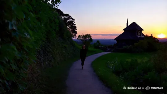 一个女人走在一条小路上，小路的尽头是一座房子 by Hailuo AI Video Generator
