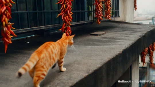 中景|橘猫沿着屋顶奔跑，路过挂着辣椒串的阳台，接着跳上窗台，窗外是热闹的街道，人们行色匆匆，街边小吃摊冒着热气。 by Hailuo AI Video Generator