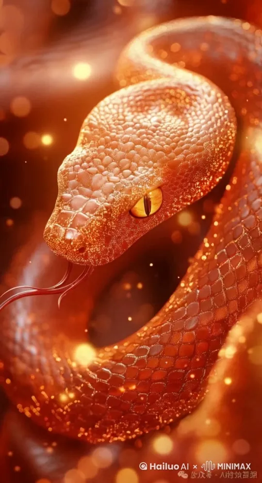 A red snake made of golden, glowing particles, dissolving and disappearing into translucent, fluorescent dots on the background of dragon scales, close-up shot of a snake's body, light orange gradient color scheme, ethereal illustration style, elegant brushstrokes, fantasy illustrations, surrealism, surreal composition, red tones, blurred foreground, depth of field effect, ultra-high definition, high resolution, high detail, best quality. by Hailuo AI Video Generator