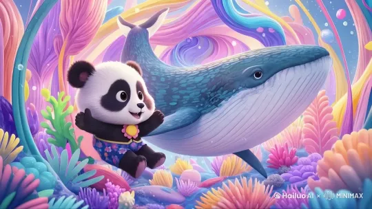 阳光照射到海底，熊猫在海底游泳，鲸鱼围绕着熊猫，镜头从侧面推近，海底的植物随着水流摇动 by Hailuo AI Video Generator