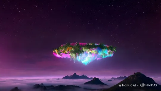 在这幅玄幻奇妙的画面中，天空是深邃的紫色，星辰如同无数璀璨的宝石镶嵌在其中，缓缓流转。远处的山脉轮廓如同巨兽蜿蜒，山顶被一层神秘的雾气笼罩，闪烁着奇异的光辉。画面中央，一座巨大浮空岛漂浮在半空，岛上覆盖着五彩斑斓的奇异植物，像是来自异次元的生命，发出幽幽的光芒。低镜头仰拍镜头，近距离特写镜头，大师杰作，长焦摄影，超清8K，极简风格，超高细节 by Hailuo AI Video Generator
