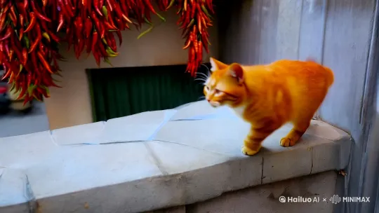 Medium shot|An orange cat runs along the rooftop, passes by a balcony with strings of chili peppers hanging, and then jumps onto the windowsill. Outside the window is a bustling street where people are walking in a hurry and street food stalls are steaming. The camera pans around to show a comprehensive view with rich details. by Hailuo AI Video Generator