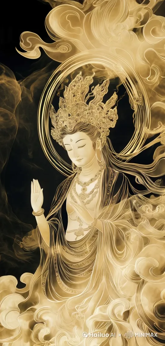 随着双手合十，身上飘带飘飘，周围彩烟缭绕，庄严肃穆 by Hailuo AI Video Generator