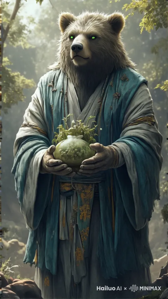 1头熊的双手发出绿色荧光，手中花盆的长出花朵， by Hailuo AI Video Generator