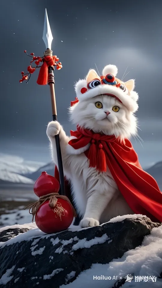 視角从猫咪身后向左慢慢转至身前，转的过程中慢慢向上，天空雪花飘落，寒风凛冽 by Hailuo AI Video Generator