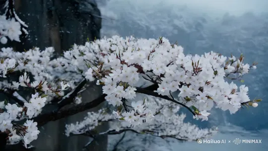 国风，古风画面感，雪花纷纷落下，一节苍劲有力的枝干，镜头慢慢推进，枝头上盛开的梅花，随着风雪在枝头摇曳，镜头拉远，满天风雪中，一处悬崖绝壁上一树梅花在雪中盛开 by Hailuo AI Video Generator