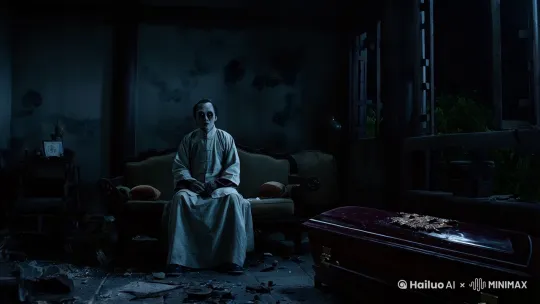 在昏暗的古建筑客厅中，一位身着清朝服饰的僵尸先生静静地坐在棺材边上，他的脸色苍白如纸，眼神空洞而深邃，仿佛失去了灵魂。周围环境阴暗而神秘，地面散落着杂物，墙壁上的斑驳痕迹诉说着岁月的沧桑。黑沉沉的天空透过破碎的窗户投射进微弱的光线，与室内浓厚的阴影形成鲜明对比，营造出一种阴森恐怖的氛围。摄像机缓慢推进，捕捉着每一个细节，僵尸先生的身影在光影交错中显得更加诡异神秘，紧张感悄然弥漫。 by Hailuo AI Video Generator