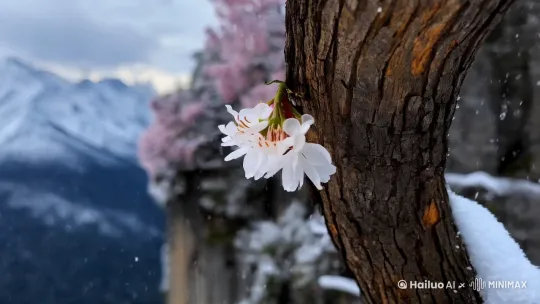 国风，古风画面感，雪花纷纷落下，特写镜头一节苍劲有力的枝干，镜头慢慢推近，枝头上盛开的梅花，随着风雪在枝头摇曳。
镜头拉远，满天风雪中，一处悬崖绝壁上一树梅花在雪中盛开，
镜头再次拉远，风雪之中的山峦。 by Hailuo AI Video Generator