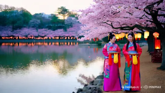 蛇年春节，佩戴香包，湖边踏青 by Hailuo AI Video Generator
