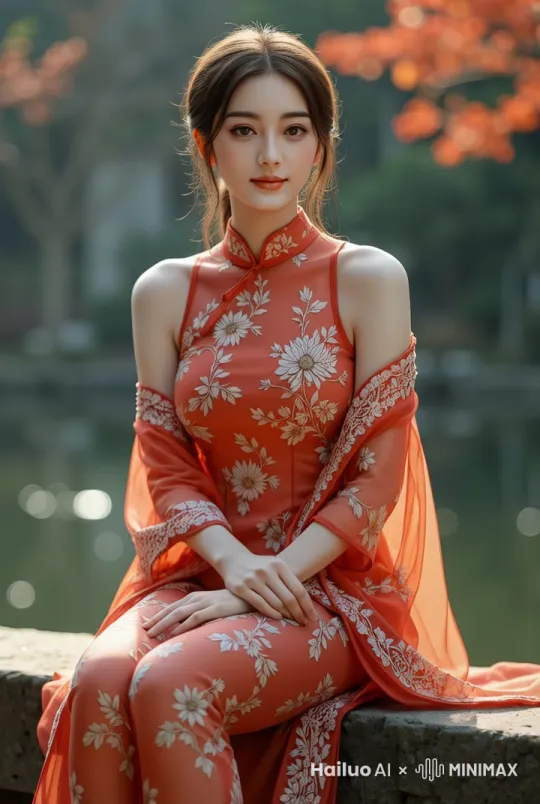 美女站坐在一个中国古代园林中，顾盼生姿，美丽容颜，右手抬起来轻轻理了一下头发， by Hailuo AI Video Generator