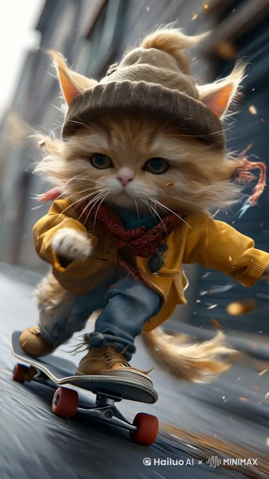 猫咪在快速的滑板 by Hailuo AI Video Generator