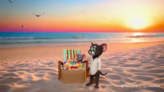 **场景设置:**
- **地点**:一片宁静而美丽的沙滩,靠近清澈见底的蓝色海洋。沙滩上有细腻的白沙,在夕阳下闪耀着金色的光芒。
- **时间**:傍晚时分,天空被晚霞染成橙红色和粉紫色,太阳正在缓缓落下海平线,将整个海岸线映照得温暖而浪漫。
- **背景音乐**:轻柔的海浪声伴随着悠扬的生日歌旋律,偶尔传来几声欢快的海鸥叫声。
**人物及互动:**
- **汤姆猫**:穿着一件简单的白色衬衫,带着微笑站在蛋糕旁边,显得异常温柔和平易近人。它的眼睛里充满了真诚和友谊。
- **杰瑞鼠**:戴着一顶小巧的生日帽,坐在一个装饰精美的沙滩椅上,面前是一块特制的小型沙滩蛋糕,上面插满了点燃的彩色蜡烛,闪烁着温馨的光芒。
- **蛋糕**:这块蛋糕是用沙子精心制作而成,表面覆盖着用冰淇淋和水果装饰的艺术图案,周围散落着贝壳和珊瑚碎片,既体现了海边的主题又不失甜美气息。
- **互动**:汤姆轻轻地推了推杰瑞,示意他许愿。杰瑞闭上眼睛,双手合十,默默地许下了愿望。然后,两只老对手相视一笑,同时深吸一口气,一起轻轻吹灭了蜡烛。蜡烛熄灭后,烟花突然在夜空中绽放,照亮了整个海滩,象征着他们之间新建立起来的友谊与和谐。
**细节描绘:**
- 沙滩上的足迹记录着汤姆和杰瑞为布置这个特别场合所走过的路程,从收集材料到搭建舞台,每一个脚印都见证着它们的努力。
- 海风轻拂,带来了淡淡的咸湿气息,同时也让蜡烛火焰微微摇曳,增添了几分动态美。
- 附近的椰子树随风摆动,树叶沙沙作响,仿佛也在为这对新朋友的友好举动鼓掌。
by Hailuo AI Video Generator