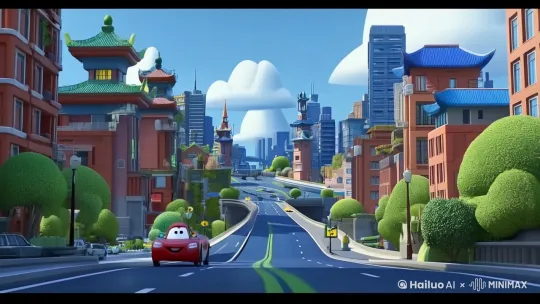 镜头缓缓移动，小汽车沿着公路平稳行驶，周围景物随之改变，画质高清 by Hailuo AI Video Generator