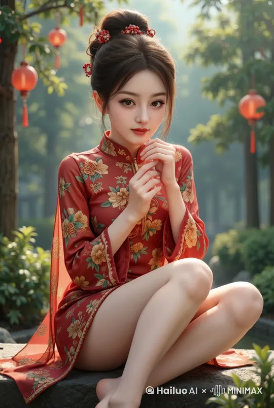 美女坐在一个中国古代园林中，顾盼生姿，美丽容颜，左手抬起来轻轻理了一下头发， by Hailuo AI Video Generator