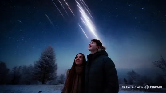 一对情侣在大雪纷飞的夜晚对着空中飞过的流星雨许愿 by Hailuo AI Video Generator