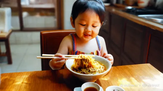 帮我做一个小孩子大口吃面的视频 by Hailuo AI Video Generator