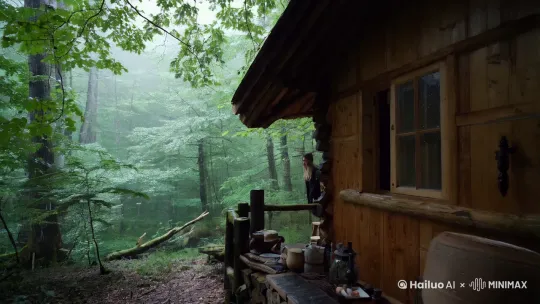 在蒙蒙细雨中的森林小木屋 by Hailuo AI Video Generator