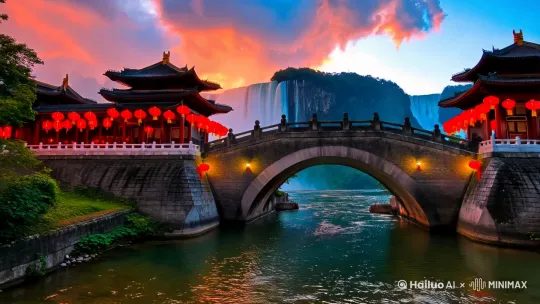 张图片展示了一座古老的石桥，横跨在一条清澈的河流上。桥的两侧是传统的中国建筑，红色的灯光映照在桥上和河面上，营造出一种温暖而神秘的氛围。背景中可以看到壮丽的瀑布从山上倾泻而下，天空中云彩被夕阳染成了橙红色，与深蓝色的天空形成鲜明对比。整体画面充满了宁静与美丽，仿佛置身于一个仙境之中。 by Hailuo AI Video Generator