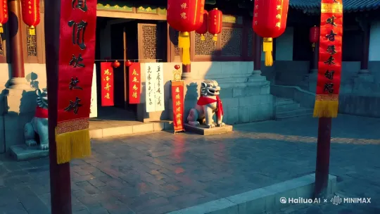 新春清晨的四合院
 
- 时间：早晨
- 地点：四合院外
- 画面：阳光轻柔地洒在挂着红灯笼的传统四合院外，门口贴着崭新的春联，对仗工整的文字透着新春的喜庆。院门口的石狮威风凛凛，脖颈上戴着喜庆的红绸。
- 台词：无
- 时长：5s
- 音乐/音效：喜庆的春节背景音乐渐强，夹杂着远处传来的几声鞭炮声 by Hailuo AI Video Generator