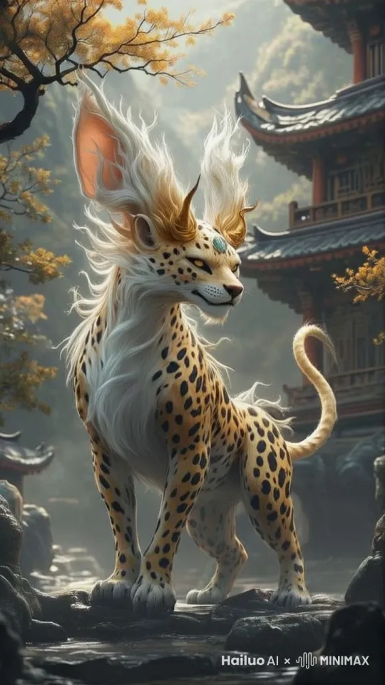 1猎豹的尾巴摇摆，头顶的那颗宝石发光，身上的白色毛发轻轻飘动，嚎叫 by Hailuo AI Video Generator