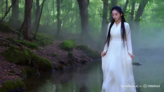 薄雾轻笼，林深似梦，二十芳华的她，款步踏入这片幽谧之境。
 
少女一袭月白罗裙，恰似流霜倾洒，每一步都踏出诗意。她的眼眸，比朝露更清透，顾盼间，神采照人。如云乌发，仅以一支木簪松松挽起，几缕碎发垂落在白皙颈边，更添几分楚楚之态。
 
忽而，一湾澄澈溪水映入眼帘。溪水潺潺流淌，似在低吟浅唱。她莲步轻移至溪边，俯身，指尖轻点水面，涟漪圈圈散开。
 
此刻，微风拂过，雾气氤氲，枝叶摇曳。她的身影在这水与林交织的朦胧之境中，如梦似幻，宛如误入人间的仙子，美得令人心醉神迷 。 by Hailuo AI Video Generator